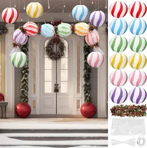 12 Pcs Candy Christmas Decorations Paper Lanterns DIY Ornaments Set with 8 Inch Paper Lanterns 6.6 ft Christmas Garland and Tools for Holiday Xmas Indoor Outdoor Decor (Pastel Candy)