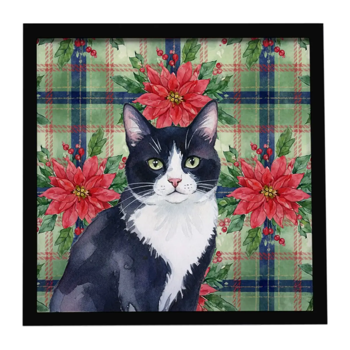 Carolines Treasures FNT1288MFP88 8x8 in. Artistic Black & White Tuxedo Cat with Poinsettias Framed Aluminium Print Metal Artwork, Christmas Floral Home Decor, Hanging Wall Piece with Included Hanger, Gifting Option