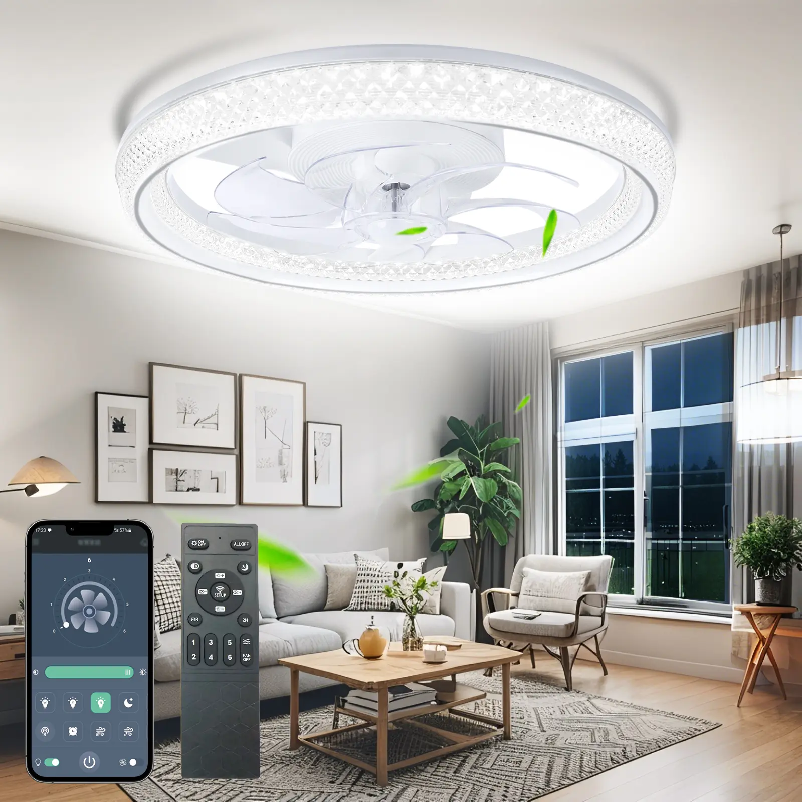DEMILARE Ceiling Fan with Light, Modern Low Profile Flush Mount Ceiling Fan, LED Dimmable Ceiling Fan with Remote and App Control, 6 Speed Reversible Quiet Fan, Diamond Inspired Elegant Ceiling Fan for Bedroom Living Room Kitchen,SummerFinds,Summer TurnUp