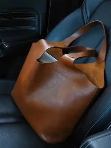 Soft Leather Large Capacity Luxury Bucket Bag, Handbag Shoulder Bag, Elegant Plain Design, All Seasons Fashion Accessory, Unique High-End Style