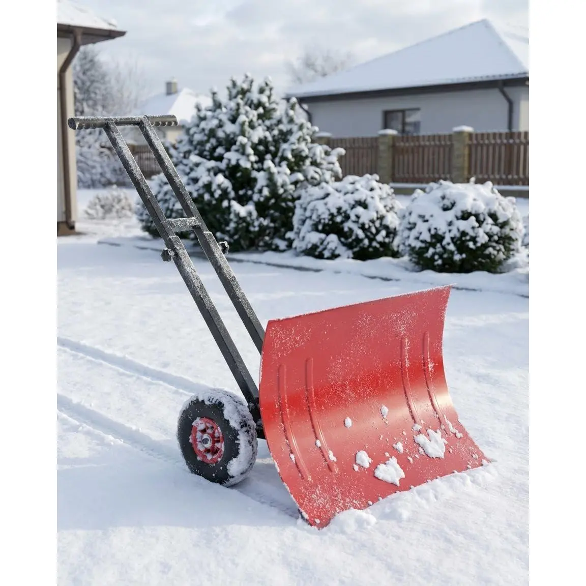 Heavy Duty Wheeled Snow Shovel with 36 Inch Metal Blade, 3-Level Height and 6-Angle Adjustable Handle for Driveway Sidewalk Yard Commercial Use