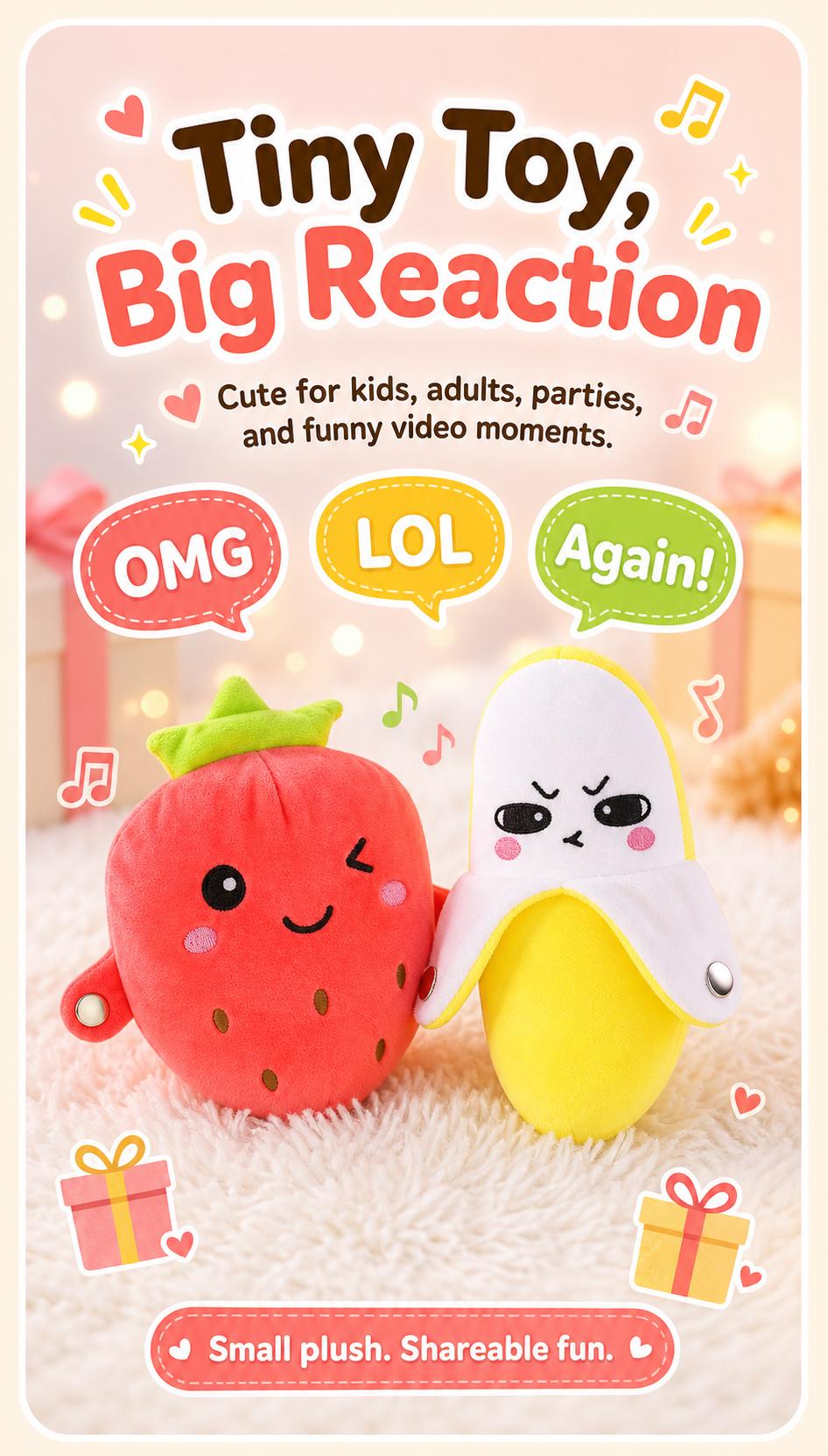 Soft Plush Interactive Musical Fruit Shapes Stuffed Toy (Banana/Strawberry) for Ages 3+, Tactile Play, Touch Sensors, 15 Built-In Songs, 2-Player Mode Parent-Child Interaction, Free Rechargeable AA Starter Kit (Batteries+Mini Screwdriver), 22x9.5x20cm, Tw