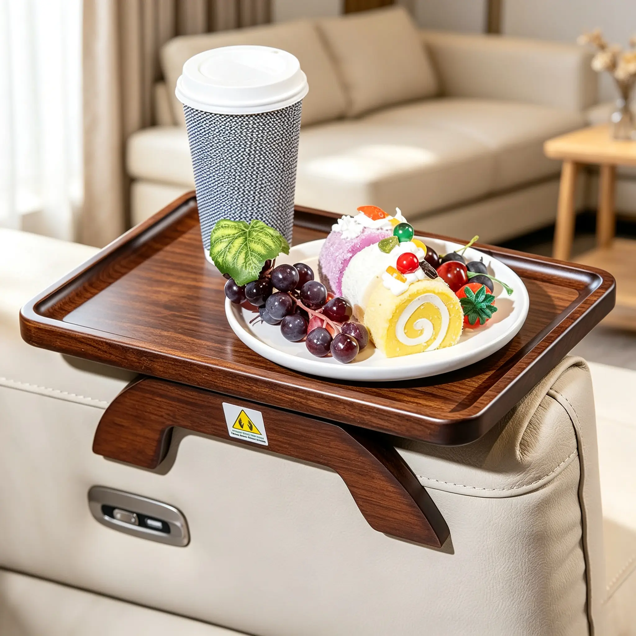 Wooden Couch Arm Tray Table with Cup Holder & Coffee Spot, Sofa Armrest Organizer for Drinks, Snacks, Phone, Remote, Living Room Furniture Accessory