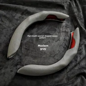 Car Nappa Leather Steering Wheel Cover All-Season Universal Sports Card Cover Non-Slip Sweat-Absorbent Modern Gray Flat Mouth Special-Shaped Nappa Pattern