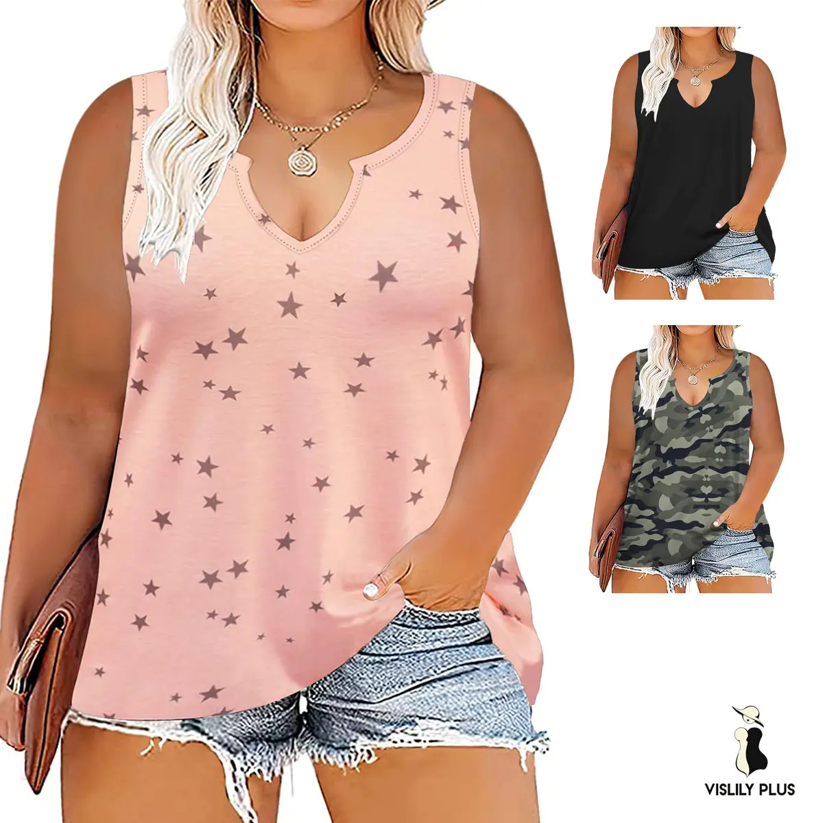 Women’s Plus Size Tank Tops Cute Sleeveless Summer V-Neck T-Shirts Casual Loose Fit Printed Tunic Tees Womenswear XL–5XL VPS0107 oversized tshirt women,summerwins,summeroutfits,vacationoutfits,beachoutfits