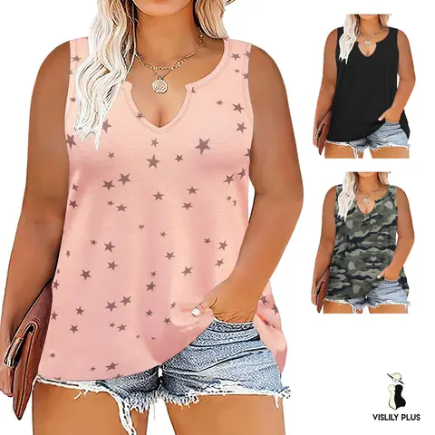 Vislily Women’s Plus Size Soft Stretch Women's Tanks & Camis - Elastic Lady Chic Tops, V-Neck Sleeveless Solid Relaxed Oversized Tunic Tees, Galaxy/Tie Dye/Camouflage, XL-5XL, Comfortable Style for Vacation, Beach (VPS0107)