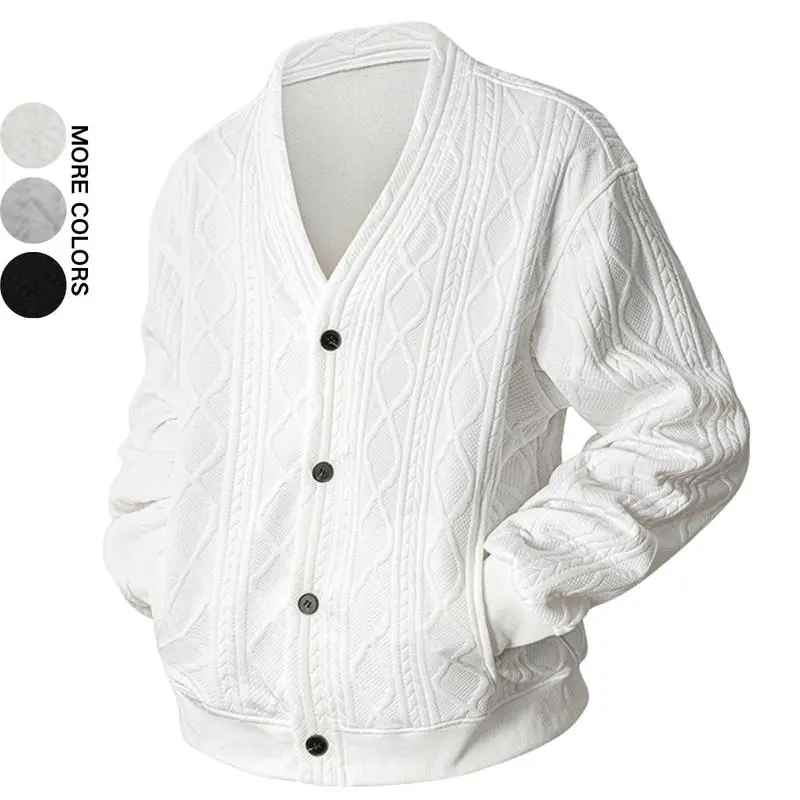 Men's Vintage Autumn V-Neck Cardigan, Knit Sweater Jacket with Unique Design, Casual Versatility, Available in Various Colors, Three-Dimensional Jacquard Double-Layer Cable Knit Pattern Cardigan, Men's Long-Sleeve Hoodless Sweatshirt, Soft and Comfortable