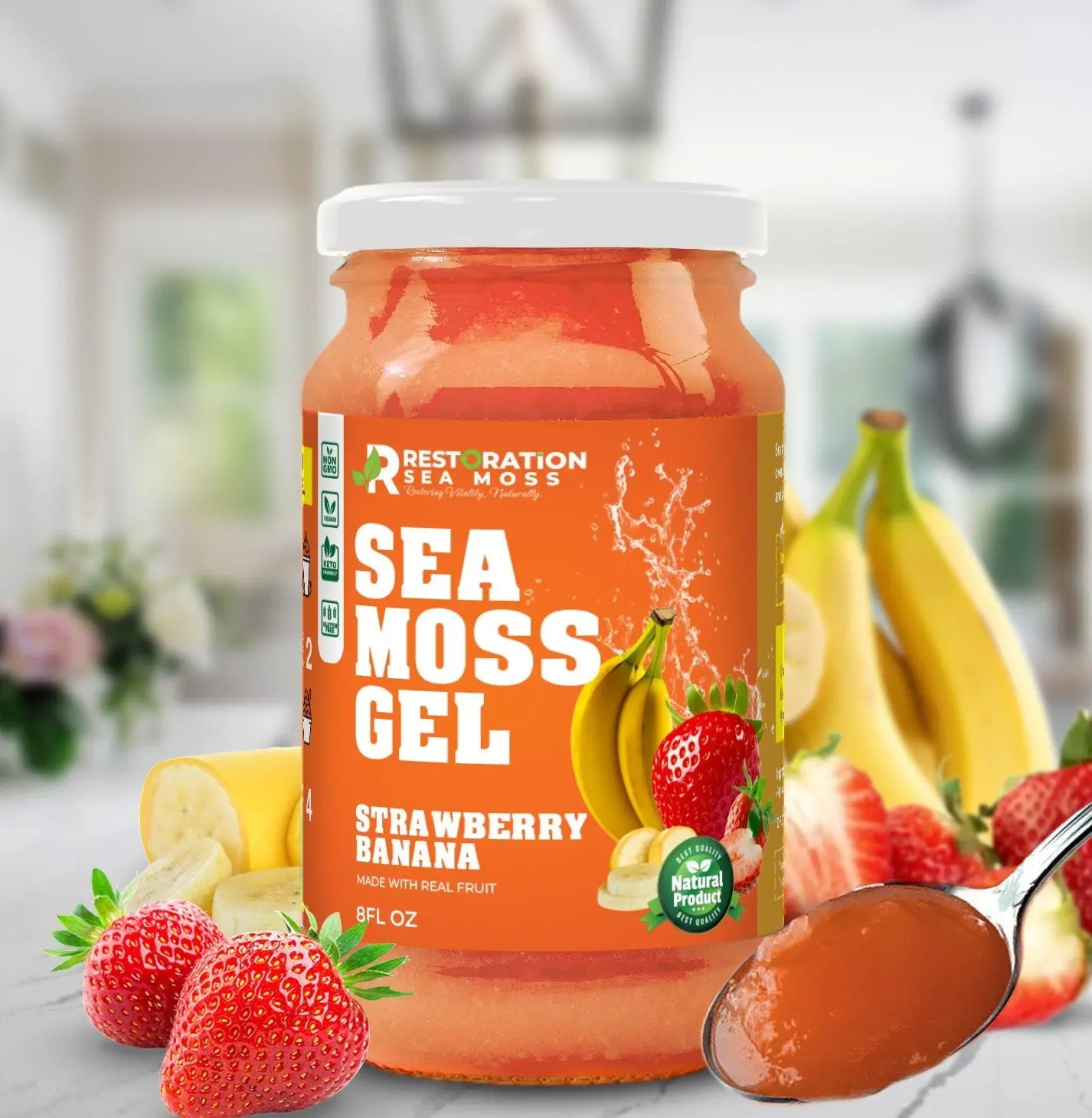 Strawberry Banana Sea Moss Gel, All-Natural Healthy Beverage, Berry Flavor Fruit Drink for Smoothies