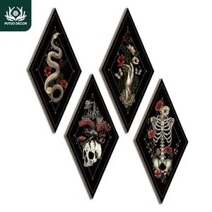 Snake & Hand & Skeleton & Skull Pattern Wooden Hanging Sign, 4 Counts/set Wall Art Decoration, Tombstone Wall Art, Wall Decor for Home Interior Farmhouse Living Room Bedroom Studio, Halloween