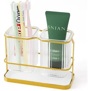 Gold Toothbrush Holders for Bathrooms, 2 Cups Toothbrush Holders Wall Mounted, Dry & Wet Separation, Organizer and - Toothbrush Holder Set for Kids