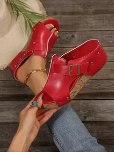 Summer New Women's Plus Size Open Toe Platform Wedge Sandals, Taupe Color Fashionable Comfortable Shoes for Casual Outings