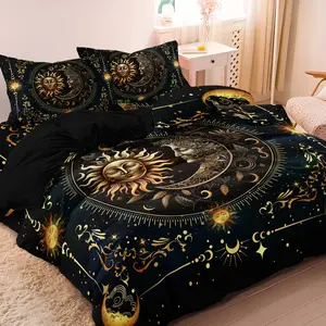 Ramadan Decoration Sun & Moon  Pattern Duvet Cover Set, 3 Counts/set Including 1 Duvet Cover & 2 Pillowcases without Filler, Soft Comfortable Bedding Set for Home Bedroom