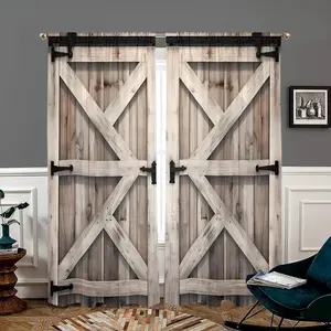 Retro Wooden Door Pattern Door Decorative Curtain, Home Decoration Curtain, 2 Counts/set Vintage Printed Interior Curtain, Easy To Hang Privacy Curtain for Home Bedroom, Living Room, Kitchen, Wardrobe, Study, Home Essentials