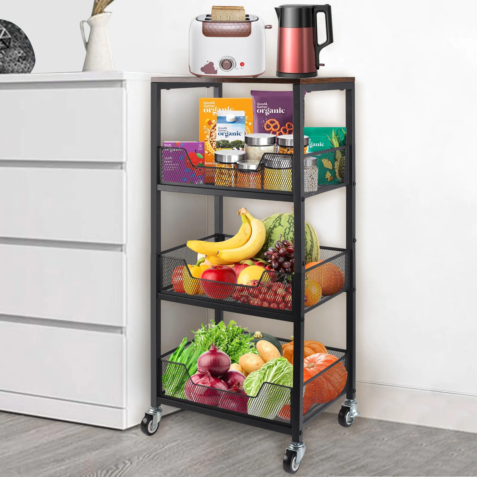 4-Tier Rolling Storage Cart with Wheels Fruit Basket Kitchen Cart, Pantry Utility Kitchen Organizer with Wood Top Snack Cart on Wheels for Fruit Vegetable Produce Snack