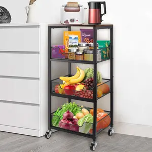 4-Tier Rolling Storage Cart with Wheels Fruit Basket Kitchen Cart, Pantry Utility Kitchen Organizer with Wood Top Snack Cart on Wheels for Fruit Vegetable Produce Snack