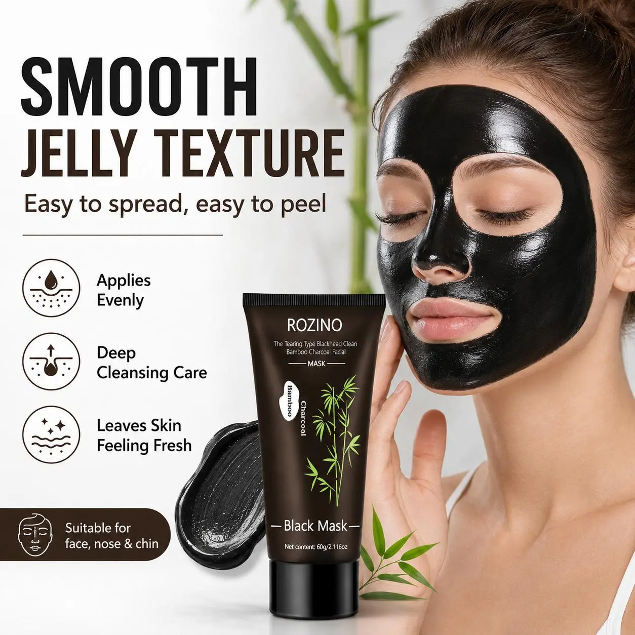 [2 Pack] ROZINO Bamboo Charcoal Peel Off Face Mask 60g - Deep Cleansing Blackhead Remover Mask, Pore Purifying Treatment with Charcoal Extract, Hydrating Skincare for Smooth & Fresh Looking Skin Daily Facial
