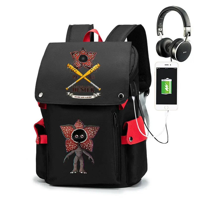 Stranger Things Demogorgon Flip Top Backpack Red Trim Casual Daypack with USB Charging & Earphone Port, Large Capacity Travel Rucksack for Boys Girls