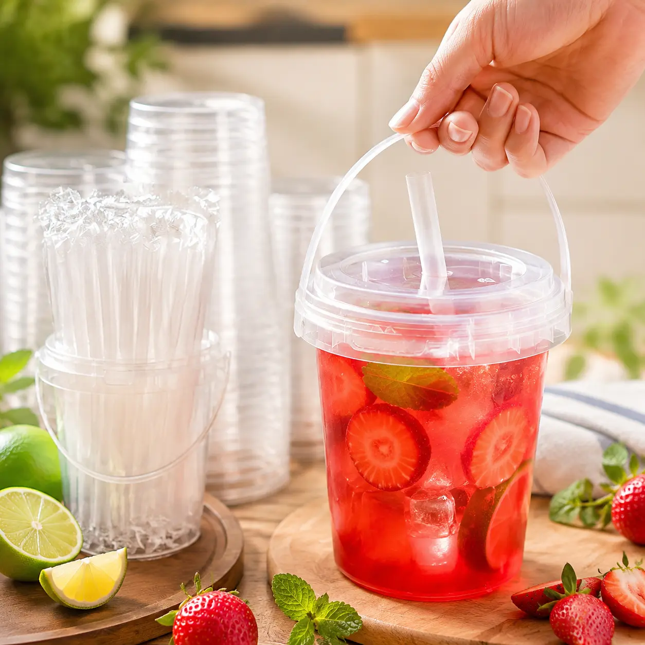 34 oz Clear PP Plastic Cups with Lids & Straws, 15/30 Sets, Disposable Lemonade Drink Buckets, Food Safe Leakproof  Portable Drinkware, Party Beach Pool Supplies