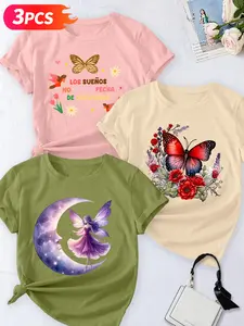 Women's Casual Short Sleeve Crew Neck Cotton T-Shirt – 3PCS Whimsical & Nature Graphic Print Set, Multicolor, Machine Washable Spring & Summer Top, Soft Skin-Friendly Fabric, Daily Versatile, Fashion Design, Womenswear