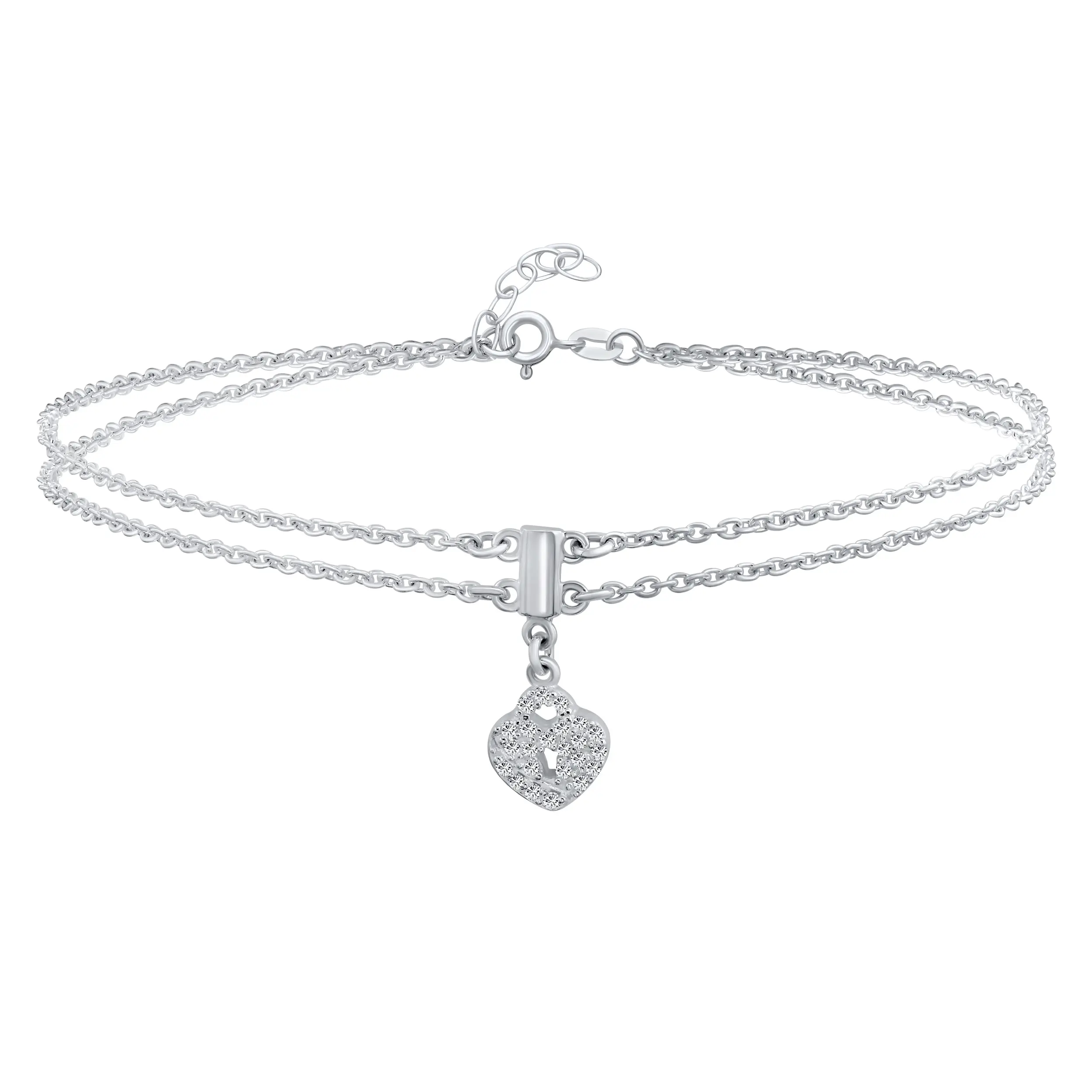 Heart Lock Anklet Charm Ankle Bracelet Double Strand .925 Sterling Silver