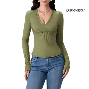 Women Y2k Long Sleeve Bodycon T-shirts Sexy V Neck Low-cut Solid Color SoftFit Tops Spring Fall Casual Going Out Tee Top Blouses Polyester Womenswear Green