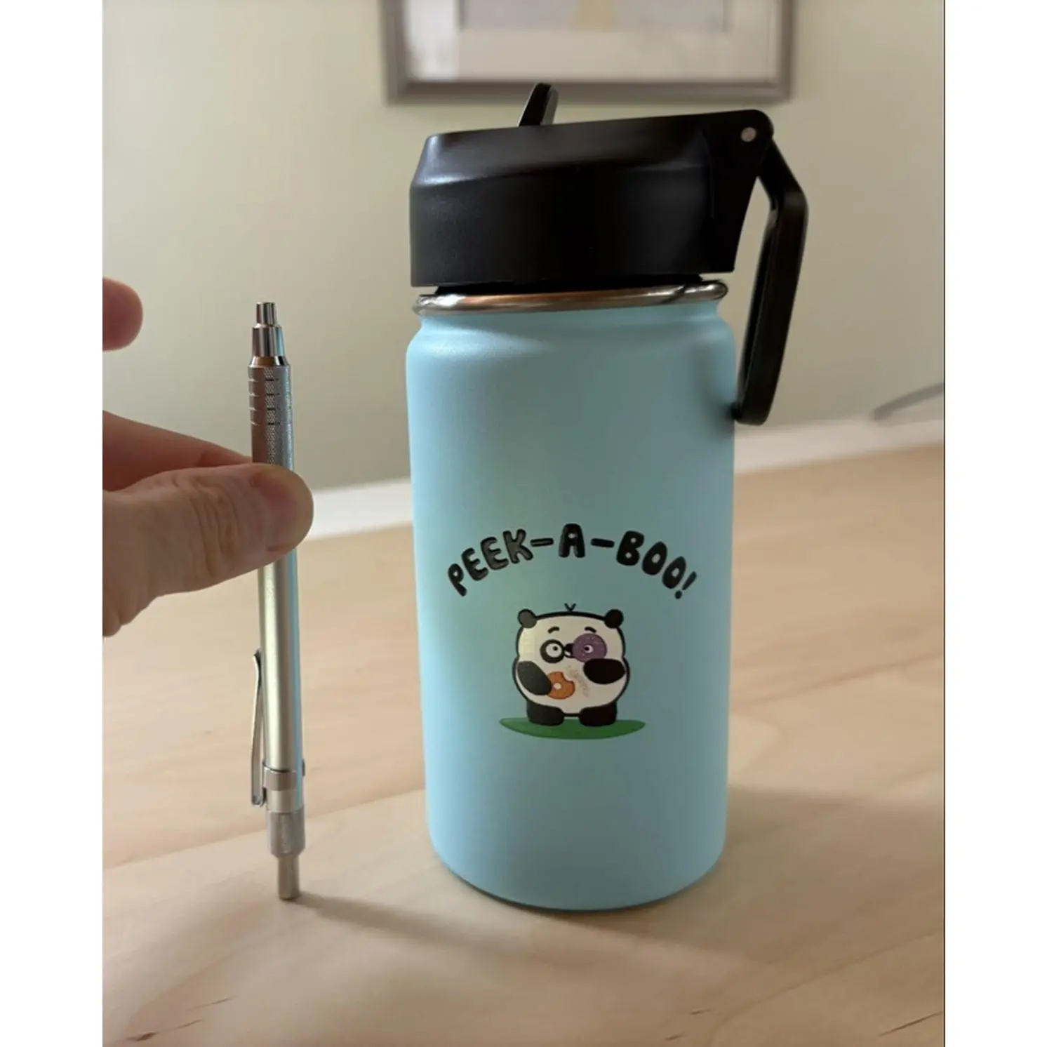 Stainless Steel Food Grade Blue Water Bottle - Cute Panda & Doughnut Design, Push-Up Straw, 12 oz/350ml, Portable, Lightweight, Reusable Drinkware for Daily Use, Reusability