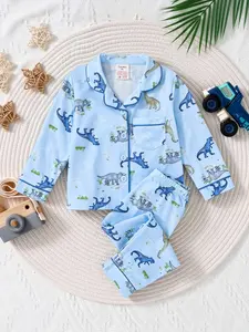 Boys' Long Sleeve Pajama Set, Cartoon Animal Dinosaur Print, Pastel Cute Pajamas, Soft Fitted Sleepwear for Ages 2-8, Casual Spring & Fall Home Wear, Soft Casual Pajamas