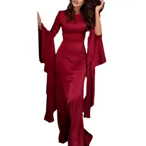 Women's Solid Color Ruffle Dress Elegant Long Batwing Sleeve High Waist Asymmetrical Skirt for Party Festival Wedding Guests Spring Autumn Basic Minimalist Womenswear