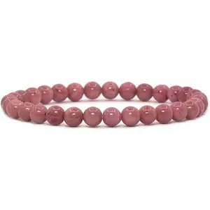 Angelstones Natural Pink Rhodonite Gemstone 6mm Round Beads Stretch Bracelet 6.5 Inch