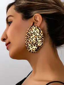 Women's Fashion Stud Earrings, Boho Style Hammered Texture Geometric Oval Leopard Print Large Ear Decor, Daily Wear Gift