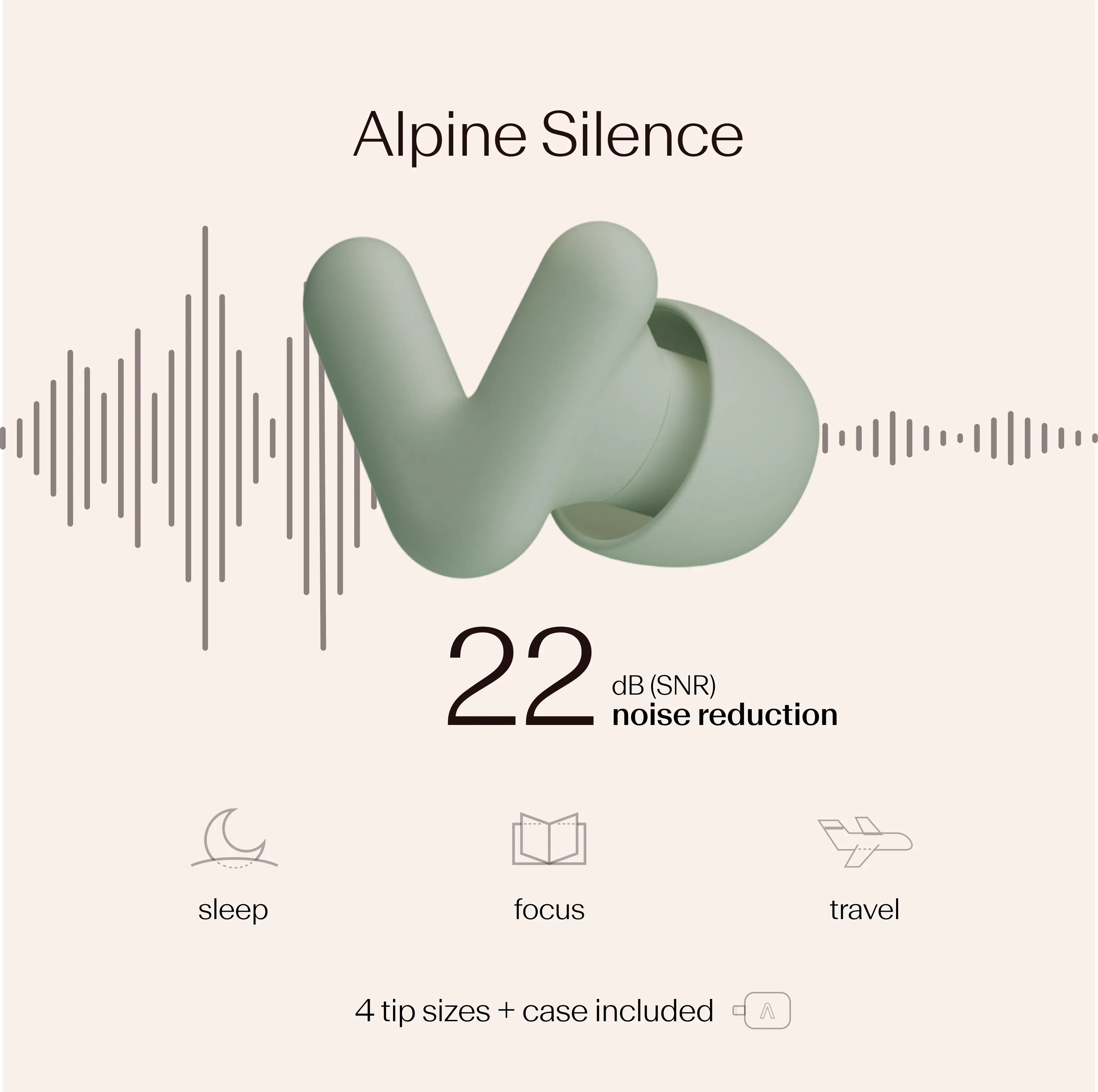Alpine Silence Earplugs –Comfortable Passive Noise Reduction (22dB SNR) - for Sleep, Travel & Focus – 4 ear-sizes + Storage Case