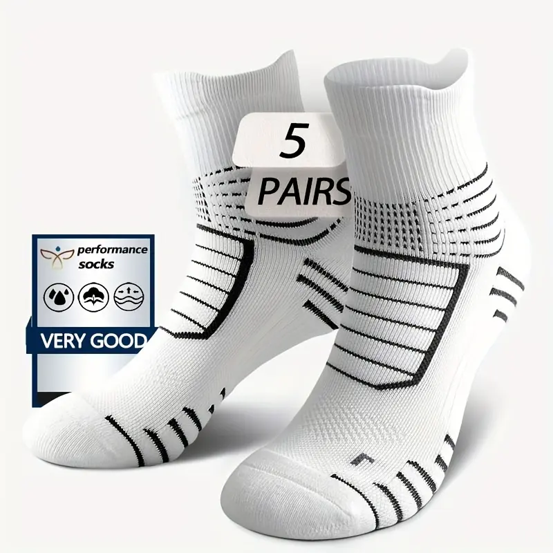 Men's Mid-Calf Sports Socks 5 Pairs Arch Support Pressure Relief Moisture-Wicking Anti-Slip Shock-Absorbing for Marathon Cycling Tennis Outdoor Training Running Biking Hiking, Activewear, Menswear