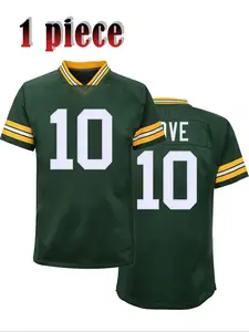 Men's 10 Green American Football V Neck Short Sleeve Embroidered Sports T-Shirt, Casual Loose Fit Summer Jersey Tee, Kint Fabric