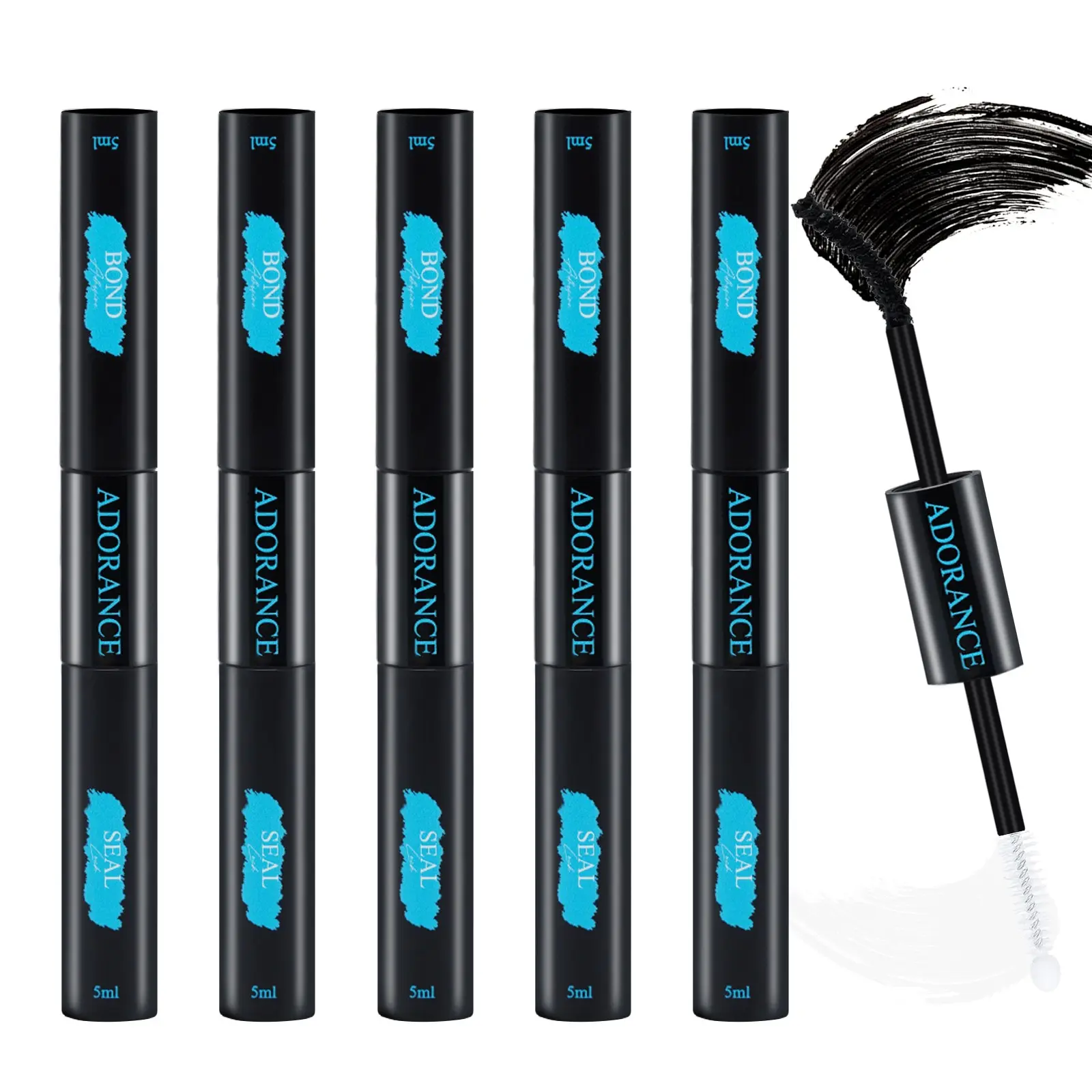 ADORANCE Waterproof Eyelash Glue (5-Count Pack), 2-in-1 Long-Lasting Lash Bond and Seal Glue, Sweat-Proof Eyelash Extension Glue for Cluster Lashes, Waterproof Eyelash Clusters