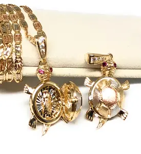 10k Solid Gold Tri-Color Turtle Virrgin Mary Pendant Necklace (Shell Opens) (FC)