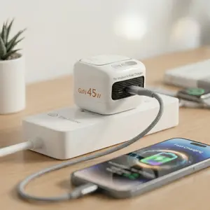 Tris Home 45W GaN Mobile Charger - 2-in-1 Smart AI Nightlight, 45W Output, Super Fast Charging, Dual USB Type-C Ports, Lightweight Rechargeable, Foldable, Compatible with iPhone, Smartphones & Devices, Practical Tech Gift for Mom