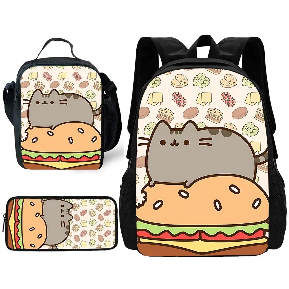 Anime Kawaii Pusheens cats Backpack with Lunch Bags, Pencil Bags, School Bags for Mens Womens  Best Gift