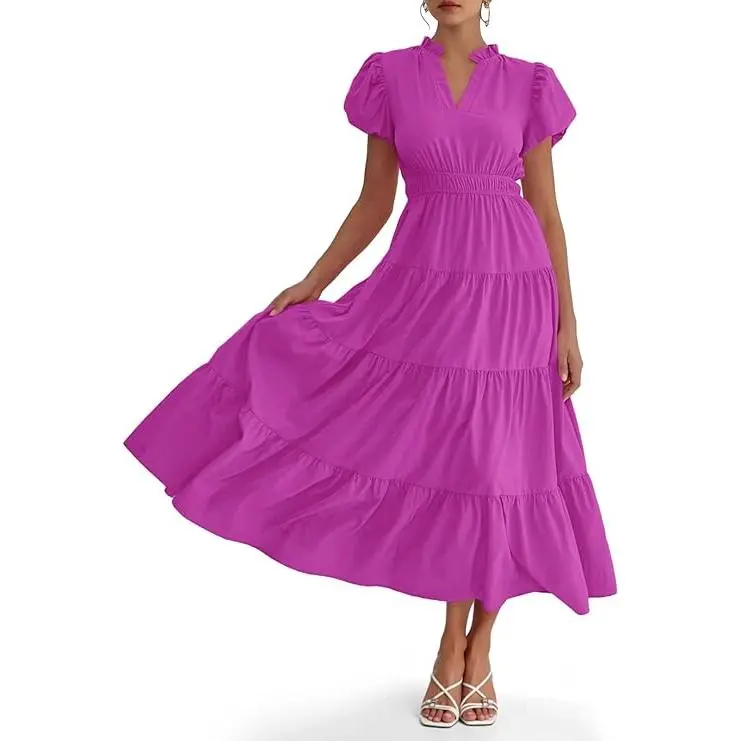 Wenrine Womens Summer Midi Dress Puff Short Sleeve V Neck Flowy Tiered  Beach A-Line Dresses - TikTok Shop