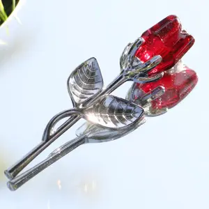 Glass Crystal Rose Bouquet Artificial Flower Gift for Mothers Sisters Wedding Anniversaries Birthdays Graduation Sash Decor Ornaments High Quality Synthetic Rose 3 1/2 x 1.875 Inches