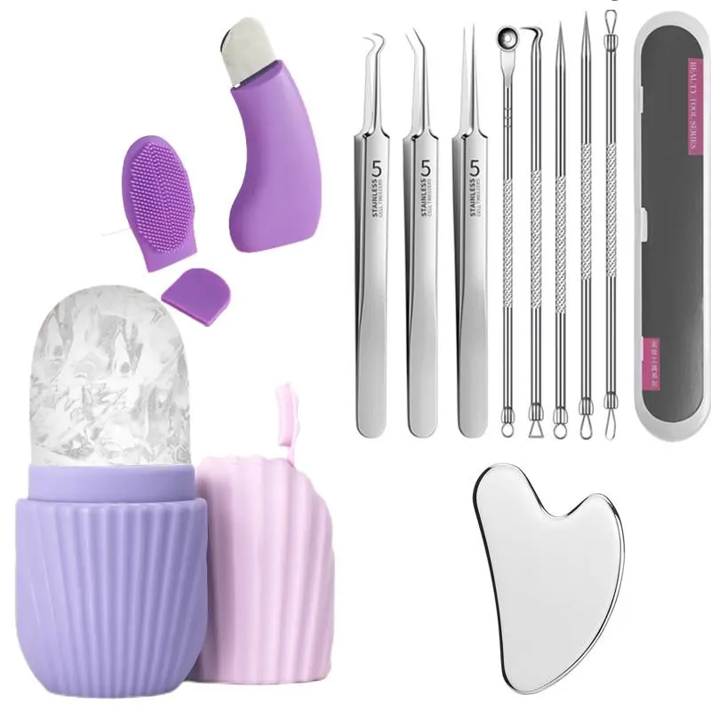 Facial Care Cleaning Kit, 1 Count Facial Cleansing Brush with Brush Head & Blackhead Shovel & Ice Roller, Facial Cleansing Instrument, Professional Skincare Tools, Beauty Tools for Women, Silicone Brush Cleansing