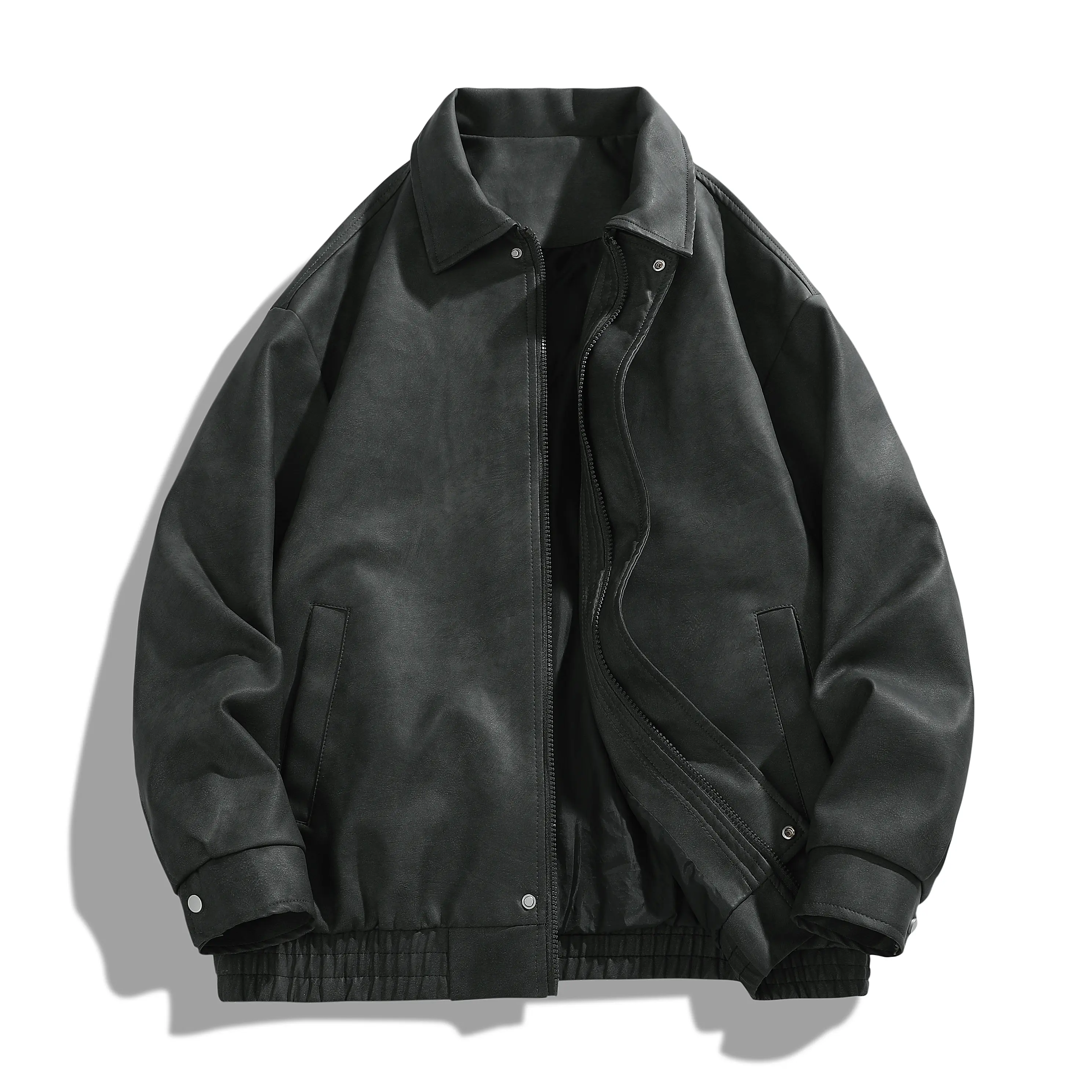 Vintage Oversized Straight Men Structured Leather Biker Jacket, Zip Up Bomber Barn Detroit Aviator Pilot Streetwear Jacket, Winter Spring Layering Outfit Men's Wear Trendy Outerwear