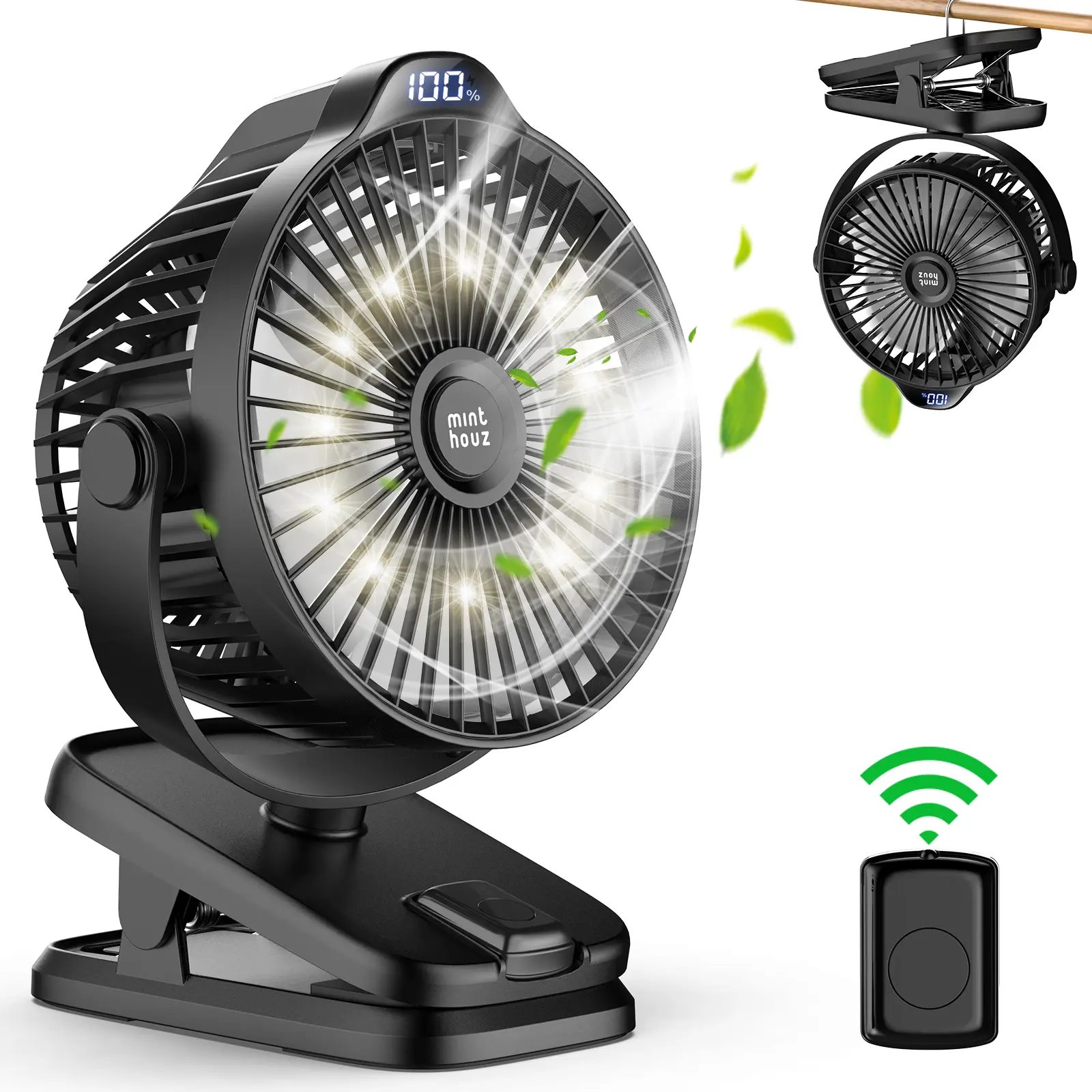 Minthouz Clip on Fan, 8000mAh USB C Rechargeable Small Desk Fan with Battery Level Indicator, 5 Speeds 360° Rotation Adjustable Low Noise, Ideal for Outdoor Camping/Stroller/Home/Office
