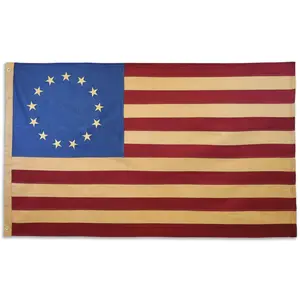 3x5ft Traditional Vintage Burlap Fabric Flag, Betsy Ross Embroidered Stars Design, Reinforced Grommet Header Banner for Home, Festive Party Supplies (Indoor/Outdoor Backdrops)