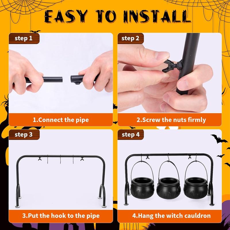 Halloween Decorations Indoor,Halloween Decor- Set of 3 Halloween Witches Cauldron Candy Serving Bowls on Rack,Black Plastic Cauldron with Skeletons for Indoor Outdoor Home Kitchen Decoration