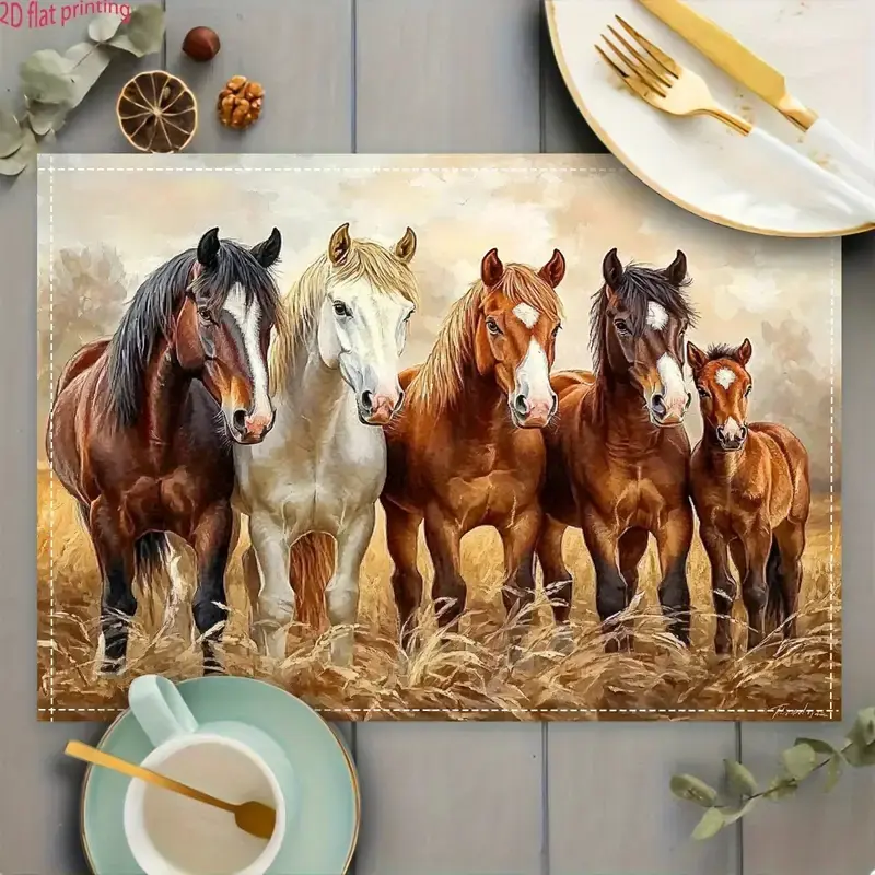 2D flat printing, 2-piece/4-piece 6-piece set, high-end horse family portrait placemat, desktop decoration, dinner decoration, kitchen, dining room, home, party, holiday room scene decoration