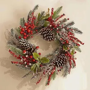 Christmas Wall Hanging Wreath 19in with Pinecones & Berries - Festive Decor to Brighten Home, Door & Xmas Parties