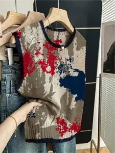 1pc Women's Spring/Summer Back to School Casual Loose Crew Neck Sleeveless Knit Top Womenswear- Dark BlueTrim, Color-Block Painted Print, Vest-Layerable
