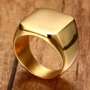 A simple, shiny, square-shaped 14k gold-plated ring, suitable for men's everyday wear or as a gift.