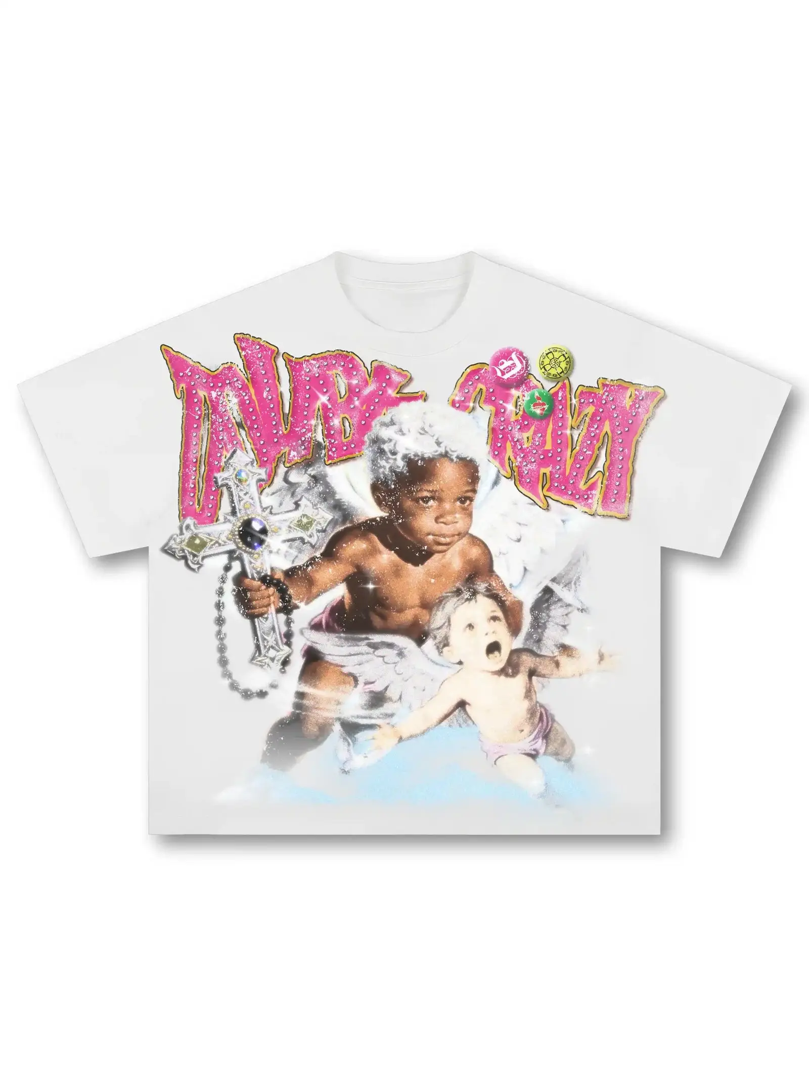 Y2K Cherub Angel Graphic Tee Vintage Streetwear White T-Shirt Premium Heavyweight Cotton Retro Gothic Cross Hip Hop Tee Shirt Unisex Boxy Fit Aesthetic Streetwear Fashion Gift