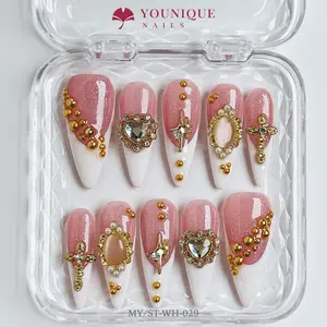 Younique Nails 2025 | MY Studio | Crystal Grace | 10PCS 100% Handmade Press-On Nails | Reusable Colorful Art Glossy Design Acrylic Luxury Long Lasting 3D Stylish Office Wear Floral Embellished Rhinestone salon-quality